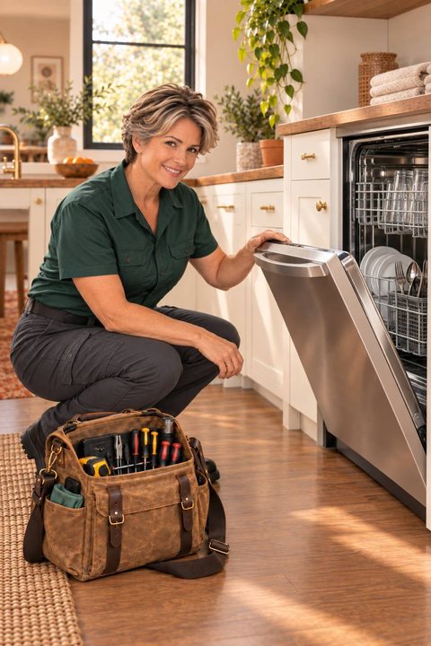 Sawtooth Appliance technician at an open dishwasher in a Meridian kitchen