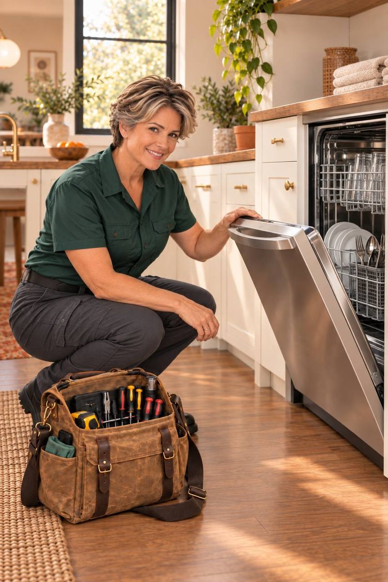 Sawtooth Appliance technician at an open dishwasher in a Meridian kitchen