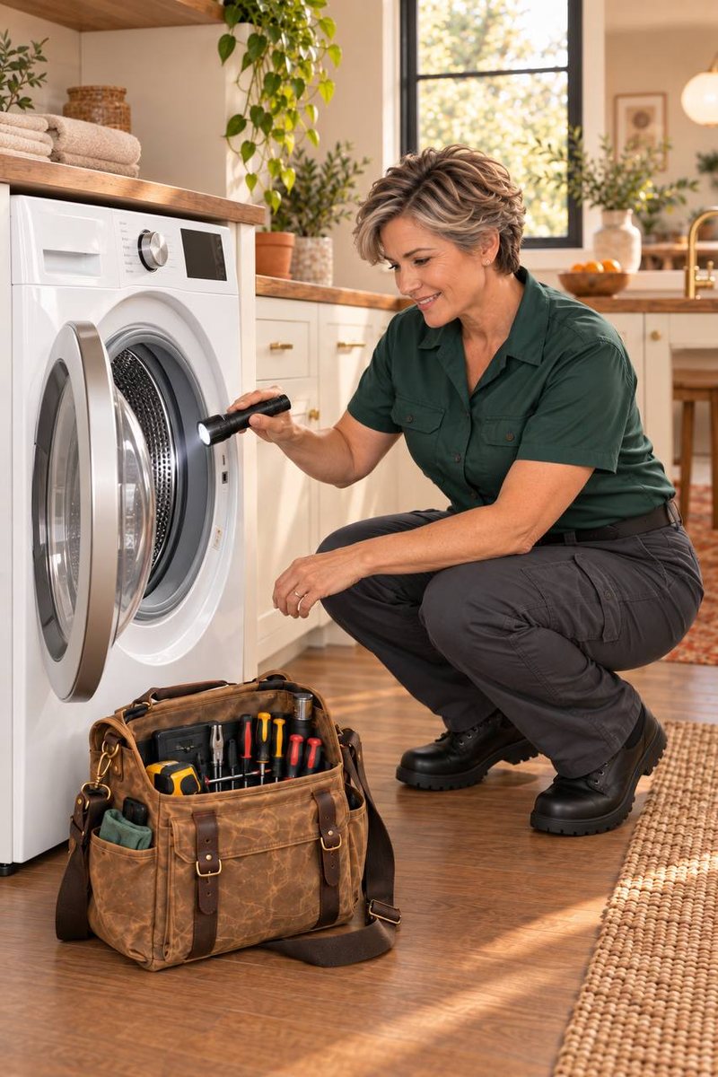Sawtooth Appliance technician checking a front-load washer drum with a flashlight in a Boise laundry room